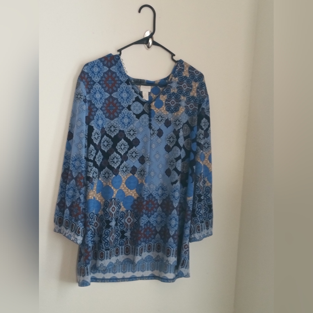 Chico's Blouse Women XL Blue and Black Tunic Academia Elegant Versatile Office